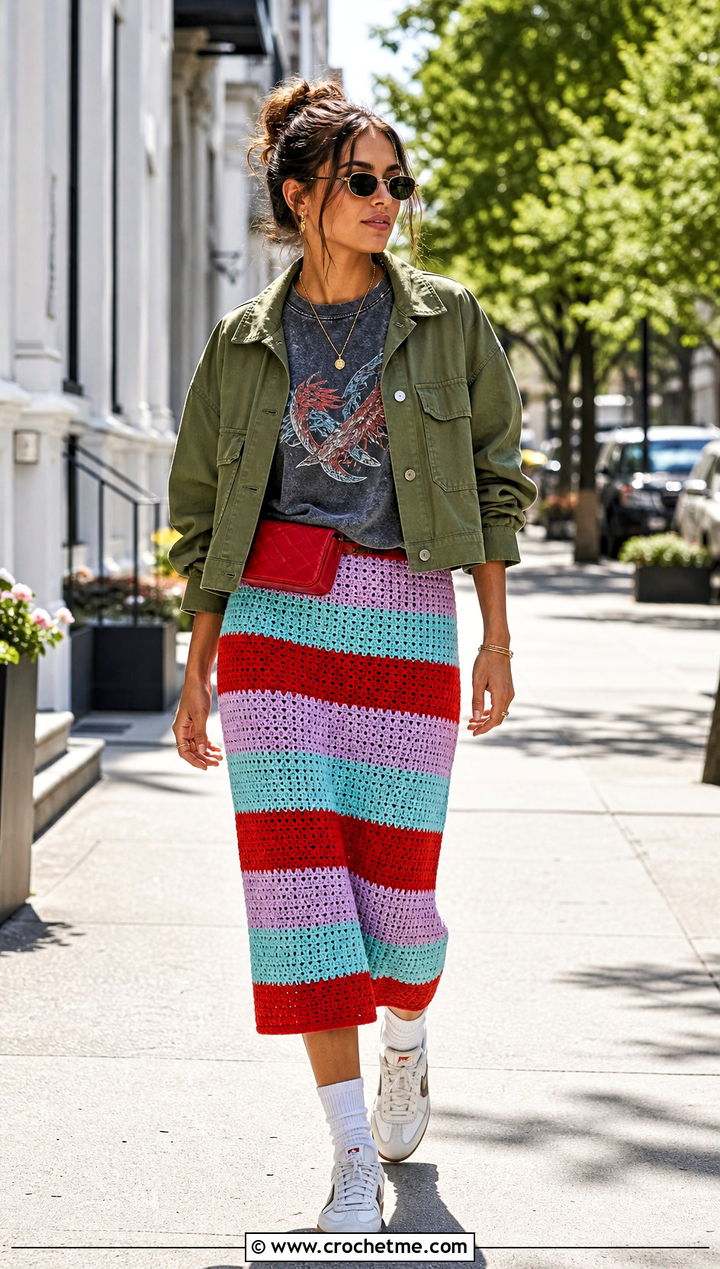 Striped Crochet Barbie Skirt With Graphic T Shirt - 25 Crochet Barbie Skirt outfit ideas