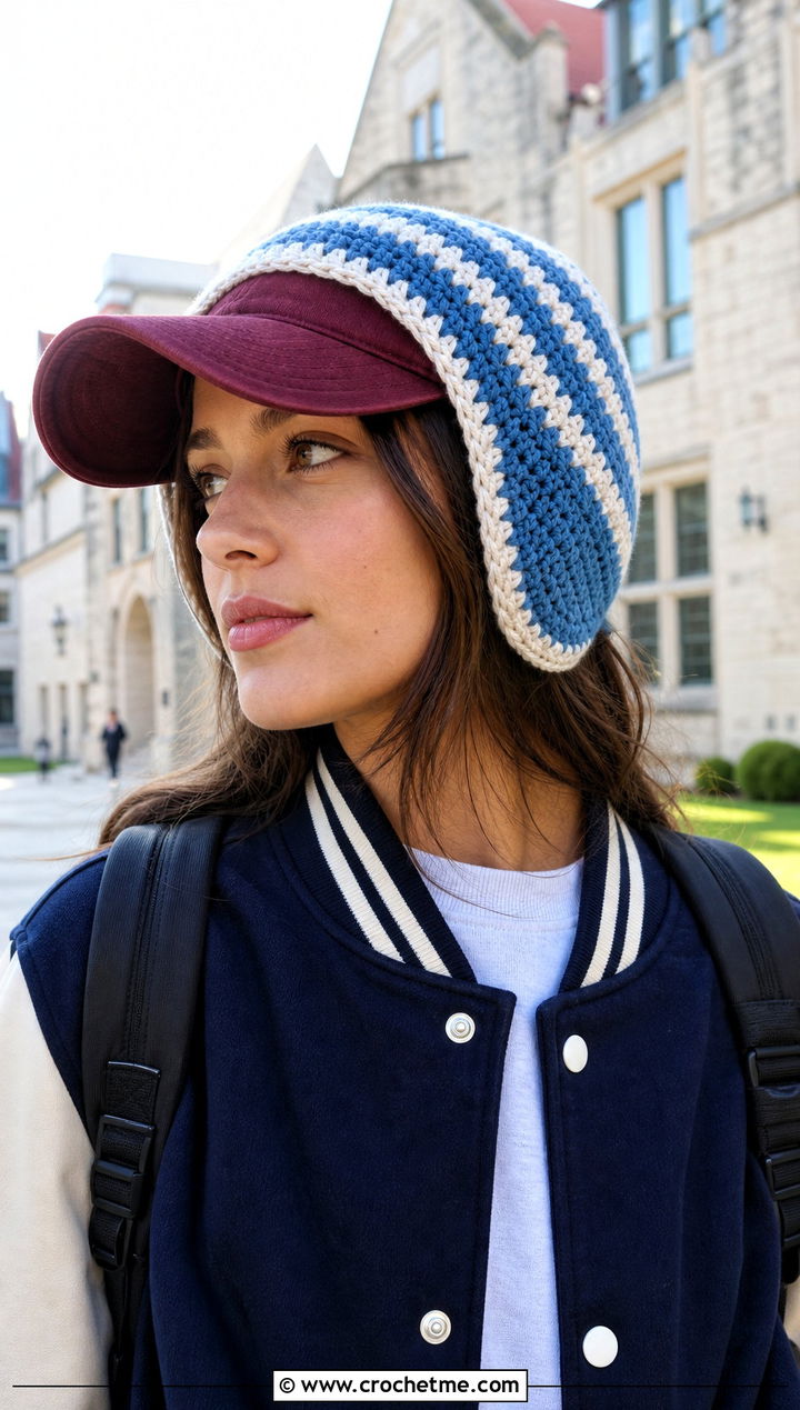 Striped Crochet Baseball Hat Ear Warmer With Varsity Jacket - 25 Crochet Baseball Hat Ear Warmer outfit ideas