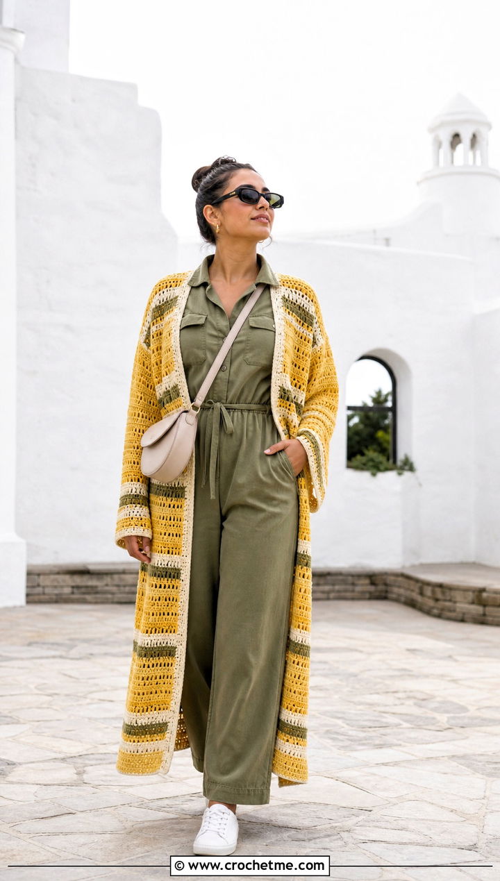 Striped Crochet Bathrobe With Utility Jumpsuit - 30 crochet bathrobe outfit ideas