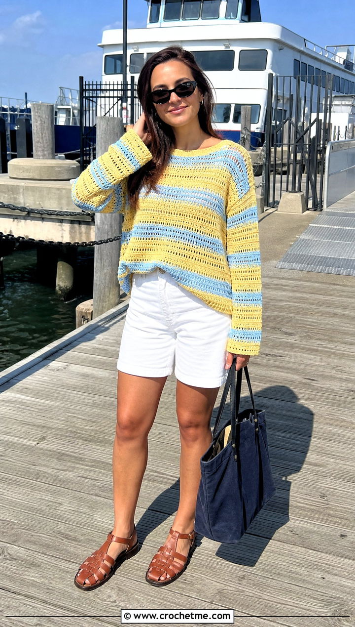 Striped Crochet Beach Sweater With Bermuda Shorts - 25 Crochet Beach Sweater outfit ideas