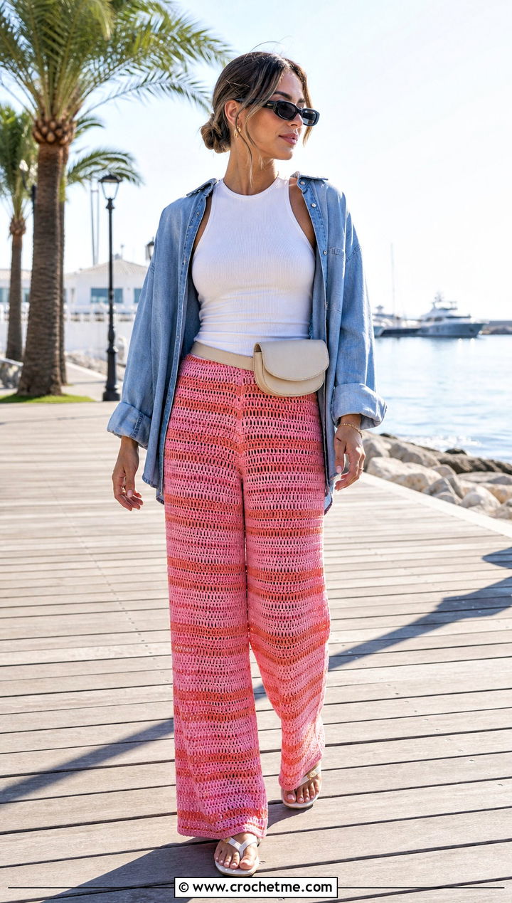 Striped Crochet Beach Trousers With Fitted Tank Top - 25 Crochet Beach Trousers outfit ideas