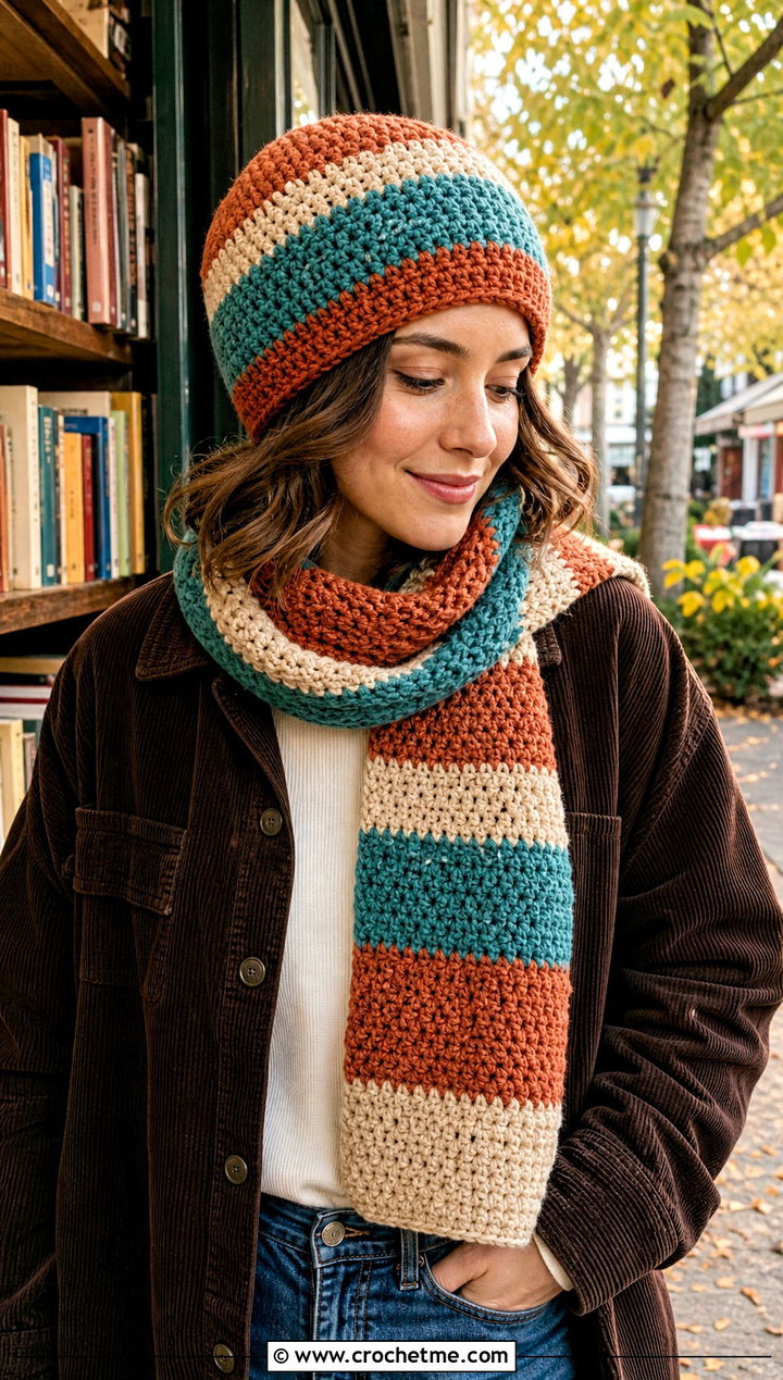 Striped Crochet Beanie And Scarf Set With Corduroy Outfit - 30 crochet beanie and scarf set outfit ideas