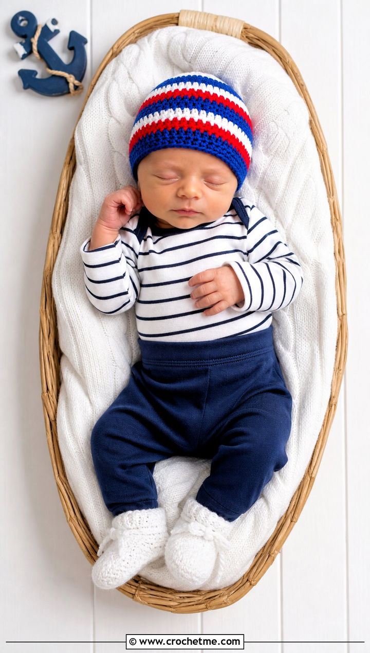 Striped Crochet Beanie With Breton Bodysuit - 25 premie crochet beanie outfit ideas