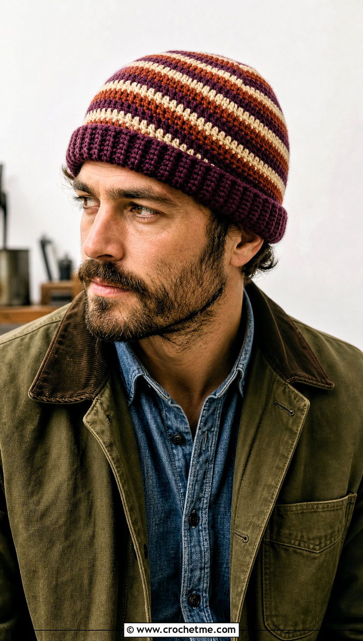 Striped Crochet Beanie With Chore Coat - 25 Crochet Mens Winter Hat outfit ideas