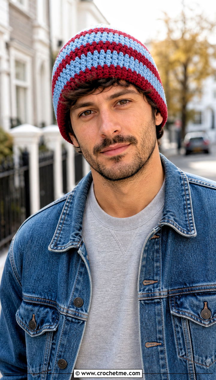 Striped Crochet Beanie With Denim Jacket - 25 crocheted mens hats outfit ideas
