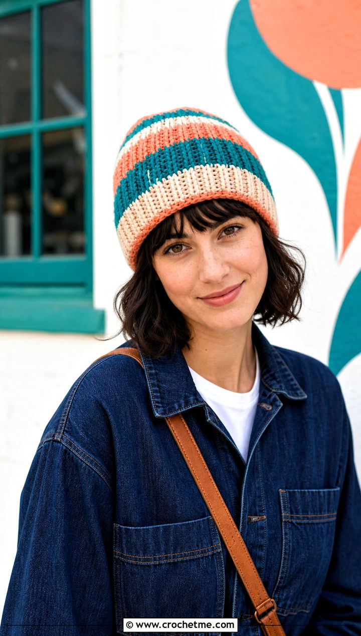 Striped Crochet Beanie With Denim Jumpsuit - 30 knit look crochet beanie outfit ideas