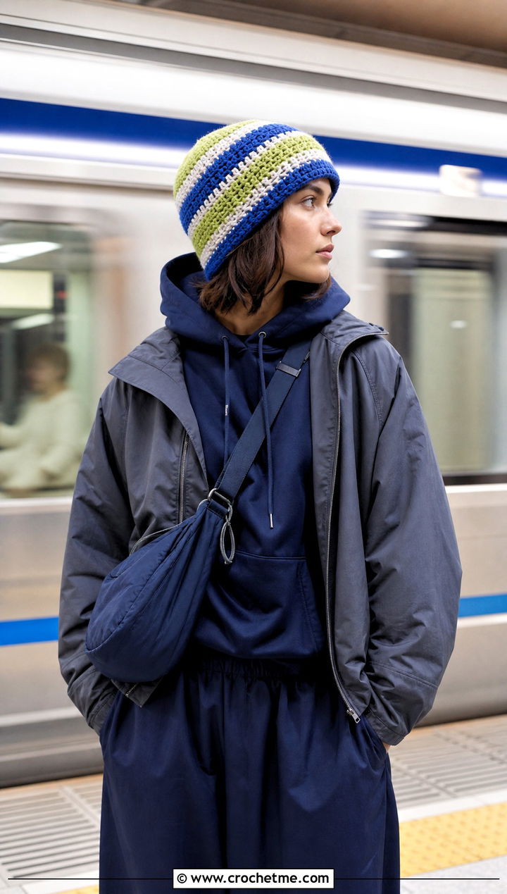 Striped Crochet Beanie With Hoodie And Track Pants - 15 Womens Crochet Beanie outfit ideas