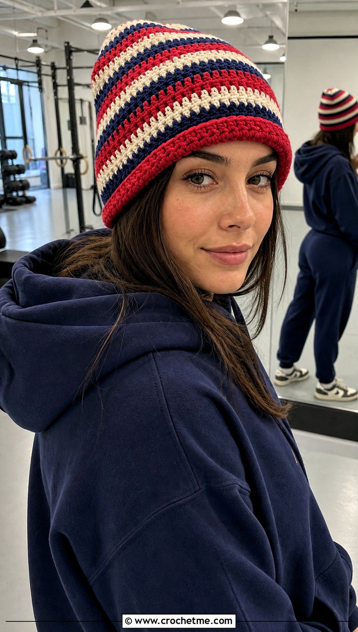 Striped Crochet Beanie With Hoodie And Track Pants - 25 beginner crochet beanie outfit ideas