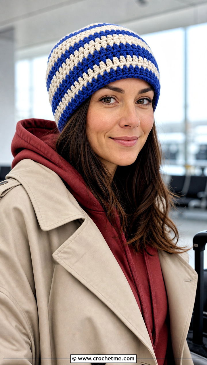 Striped Crochet Beanie With Hoodie And Trench Coat - 25 Fall Crochet Beanie outfit ideas