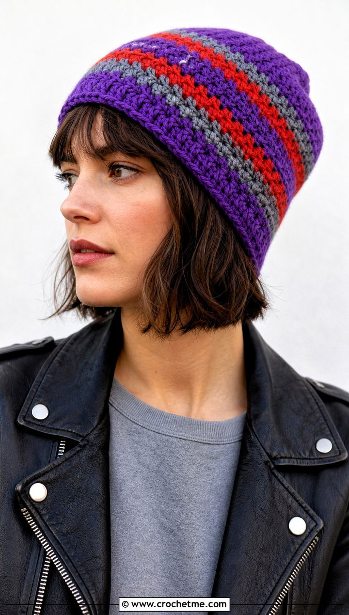Striped Crochet Beanie With Leather Jacket - 35 cute crochet hat outfit ideas