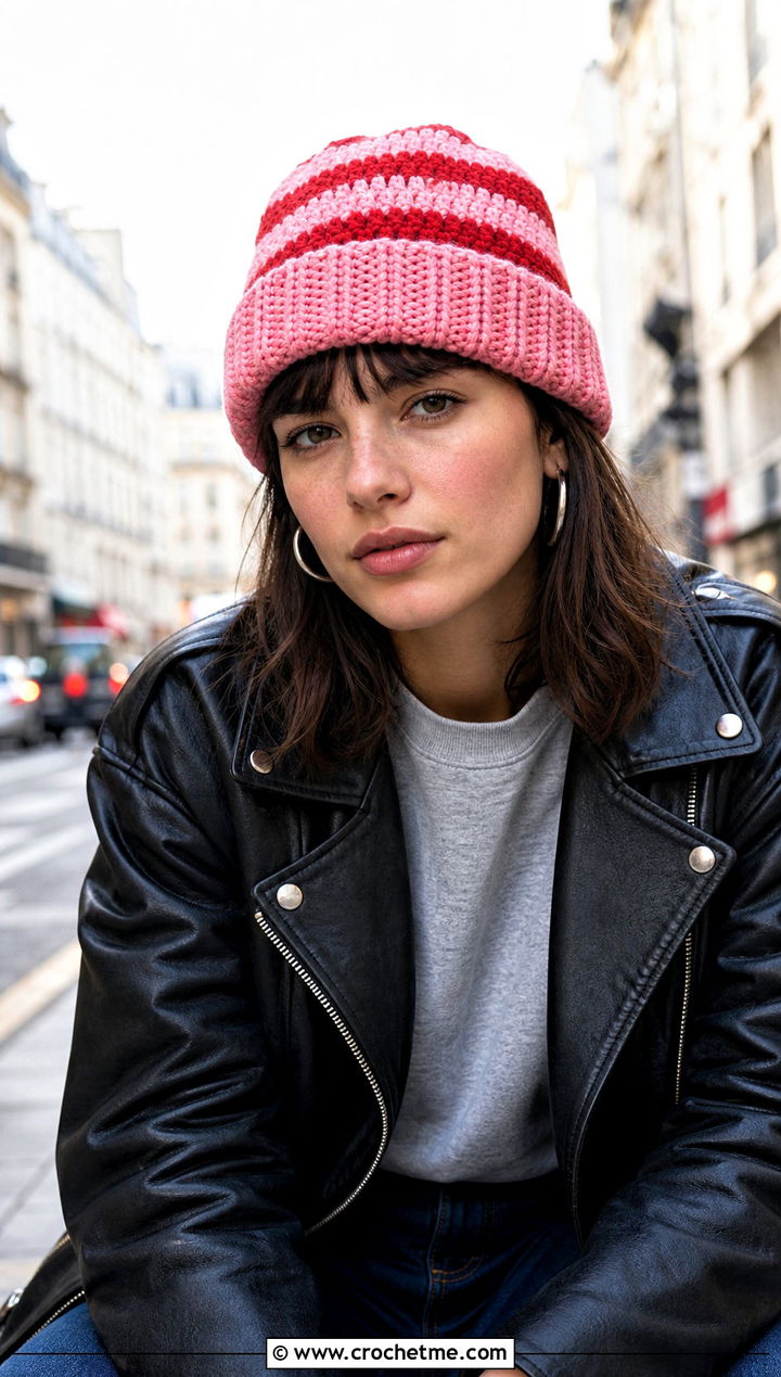 Striped Crochet Beanie With Leather Jacket - 25 striped crochet hat outfit ideas