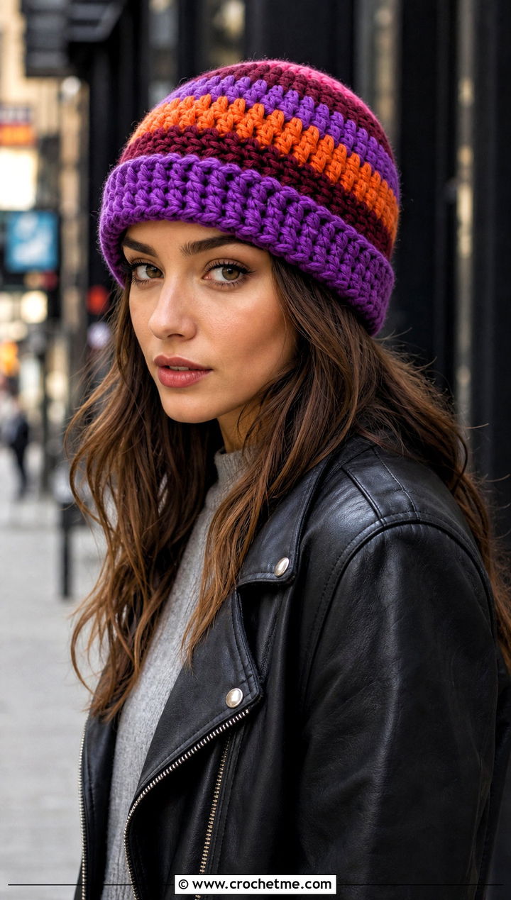 Striped Crochet Beanie With Leather Jacket - 15 Tiktok Crochet Hat outfit ideas