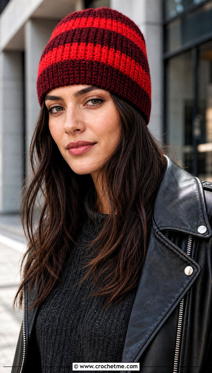 Striped Crochet Beanie With Leather Jacket - 30 Two Colors Crochet Hat outfit ideas