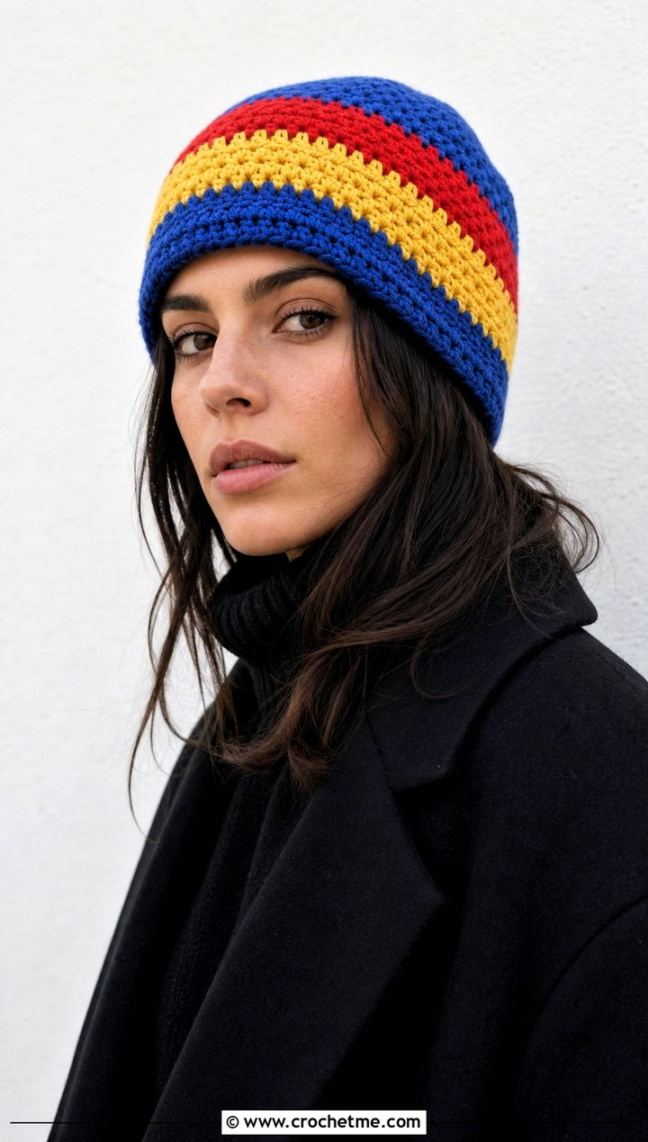 Striped Crochet Beanie With Monochrome Outfit - 35 basic crochet beanie outfit ideas