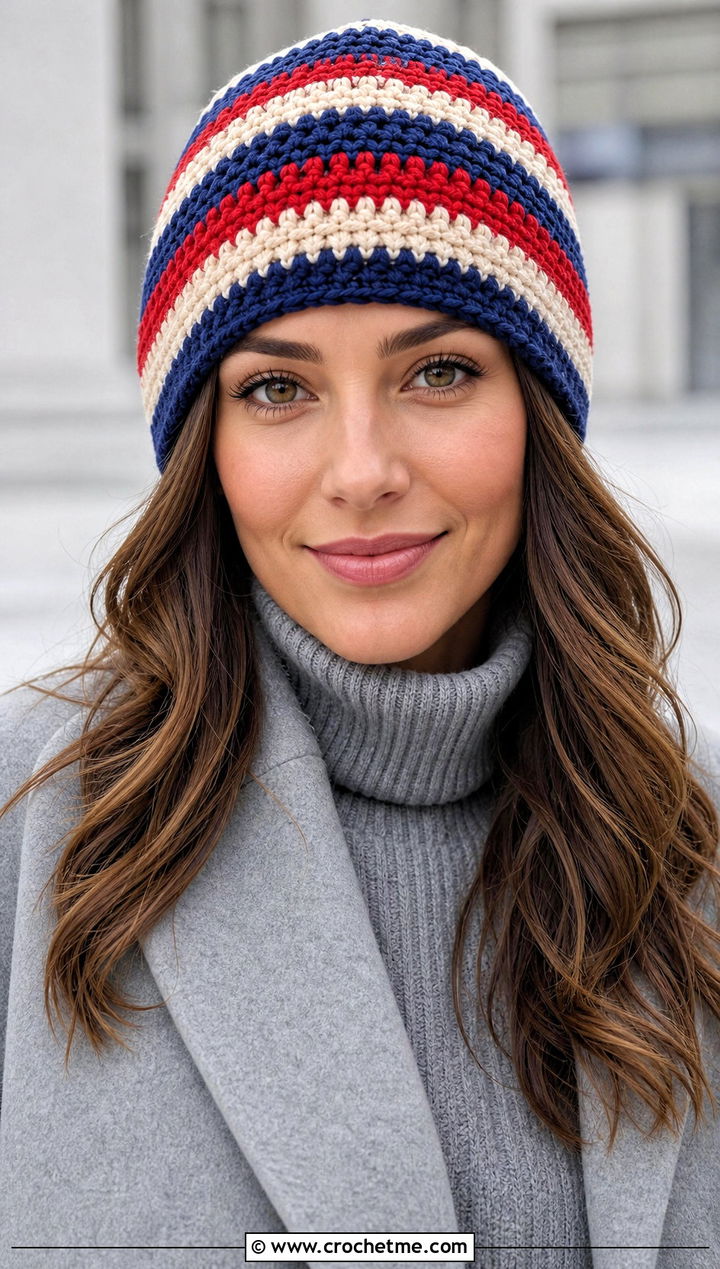 Striped Crochet Beanie With Monochrome Outfit - 30 winter crochet beanie outfit ideas