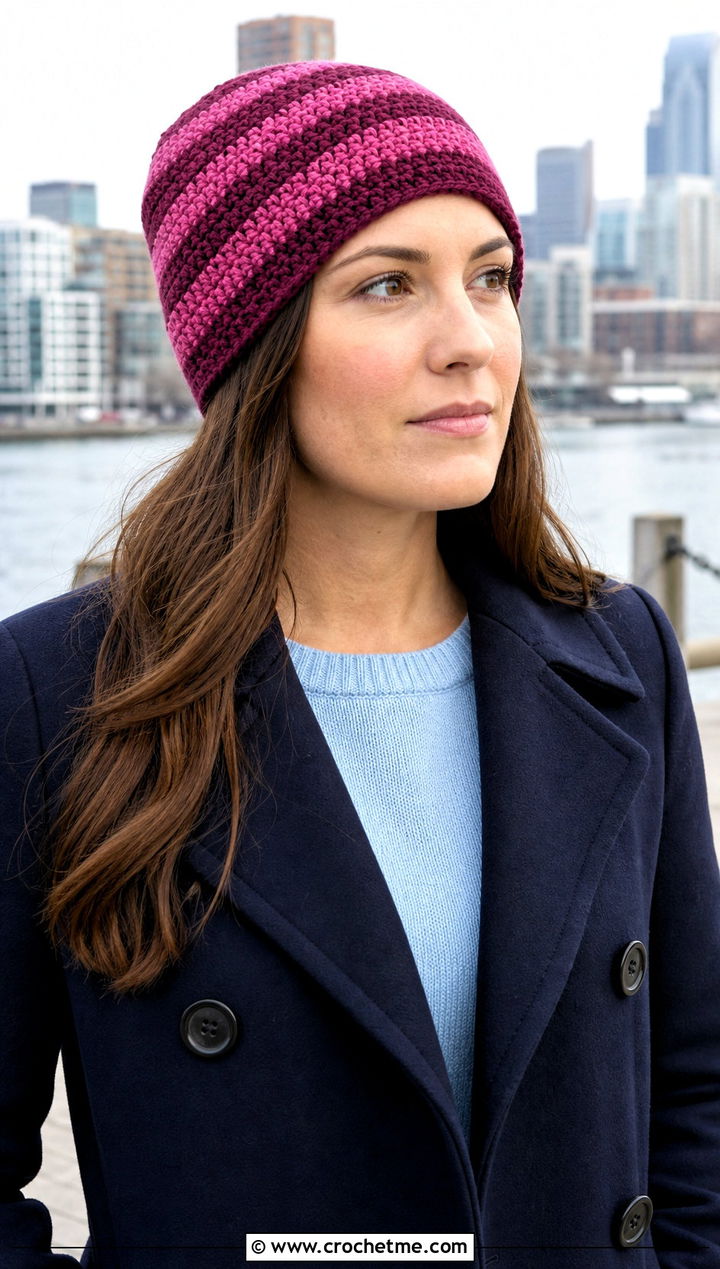 Striped Crochet Beanie With Peacoat And Dark Jeans - 25 Crochet Beanie Size 4 Yarn outfit ideas