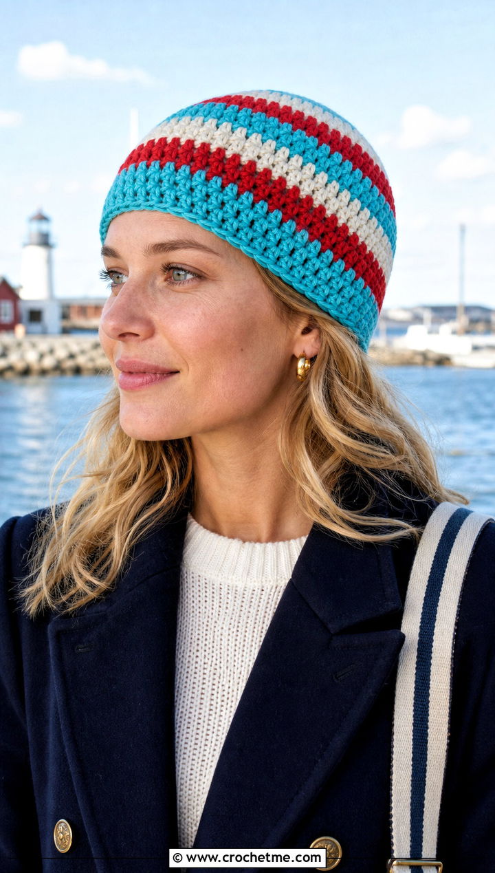 Striped Crochet Beanie With Peacoat - 25 easy simple crochet hats for beginners outfit ideas