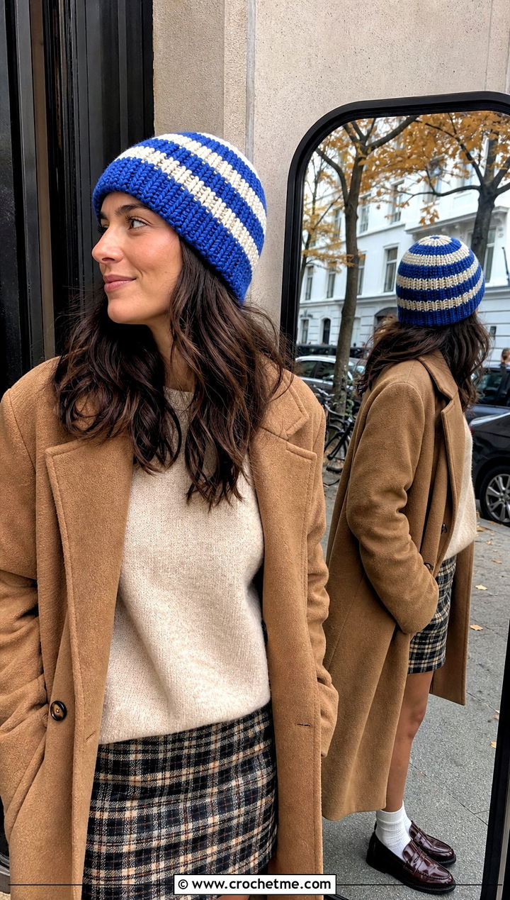Striped Crochet Beanie With Plaid Mini Skirt - 25 Taylor Swift Crochet Hat outfit ideas