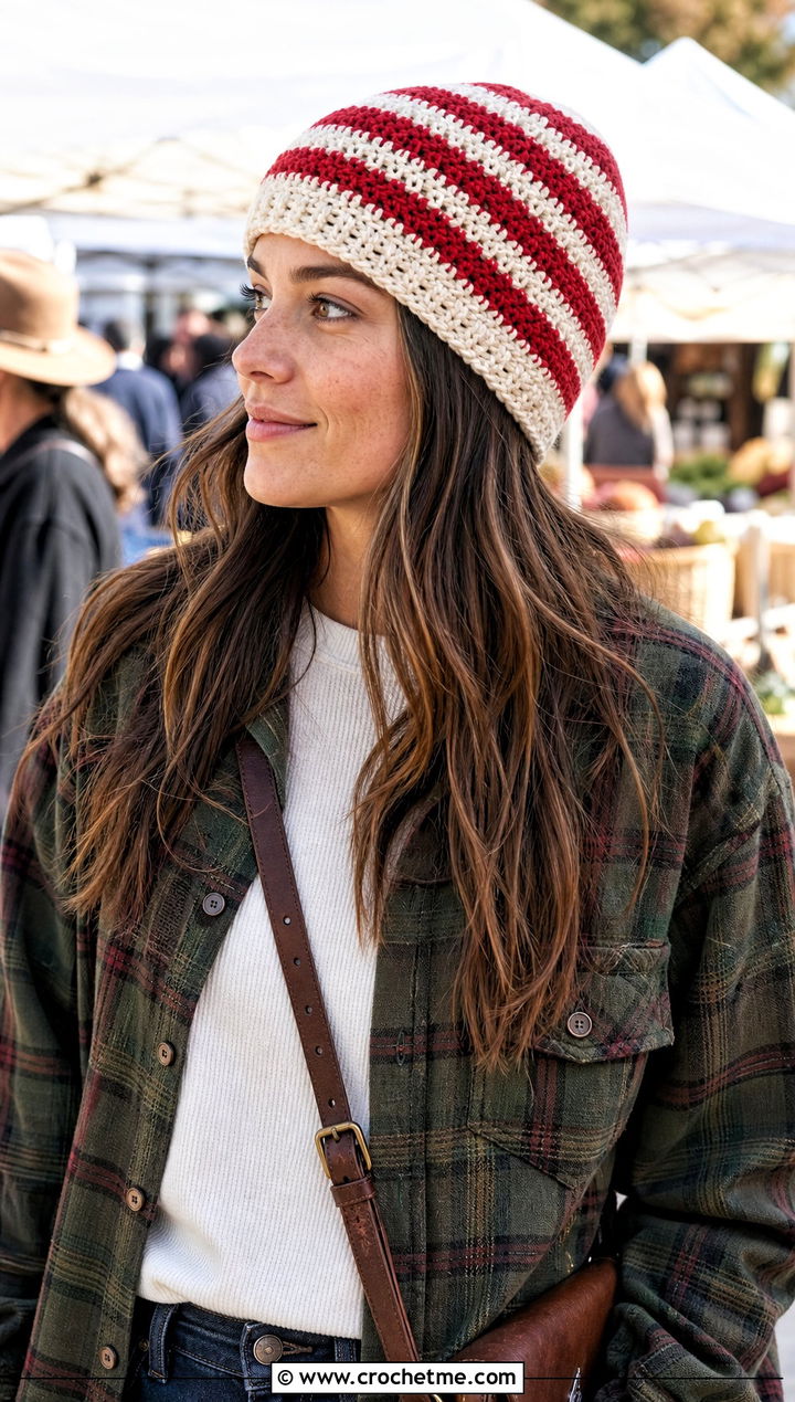 Striped Crochet Beanie With Plaid Overshirt - 25 country cottage crochet beanie outfit ideas