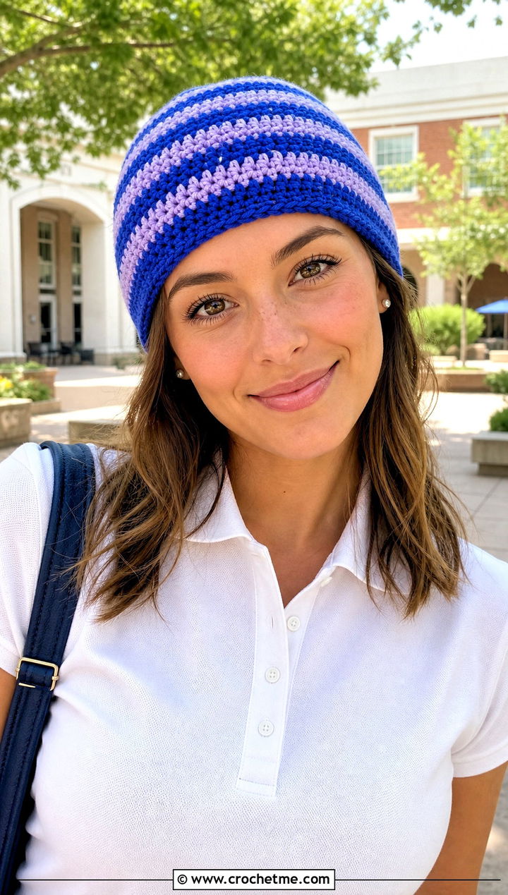 Striped Crochet Beanie With Polo Shirt And Pleated Shorts - 30 summer crochet beanie outfit ideas