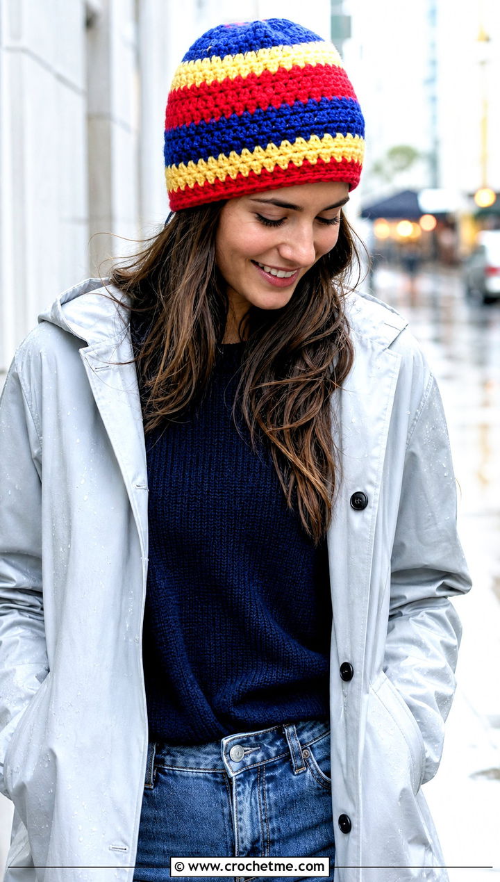 Striped Crochet Beanie With Raincoat And Cropped Jeans - 30 crochet fall beanie outfit ideas