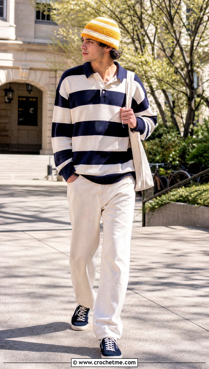 Striped Crochet Beanie With Rugby Shirt - 35 Men Crochet Beanie outfit ideas