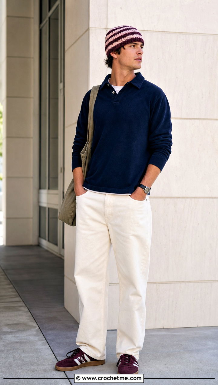 Striped Crochet Beanie With Rugby Shirt - 35 mens crochet beanie outfit ideas