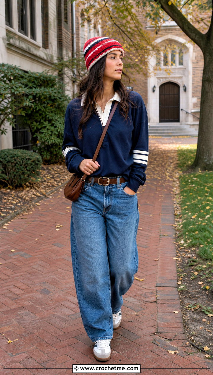 Striped Crochet Beanie With Rugby Shirt And Barrel Jeans - 35 crocheted beanies outfit ideas