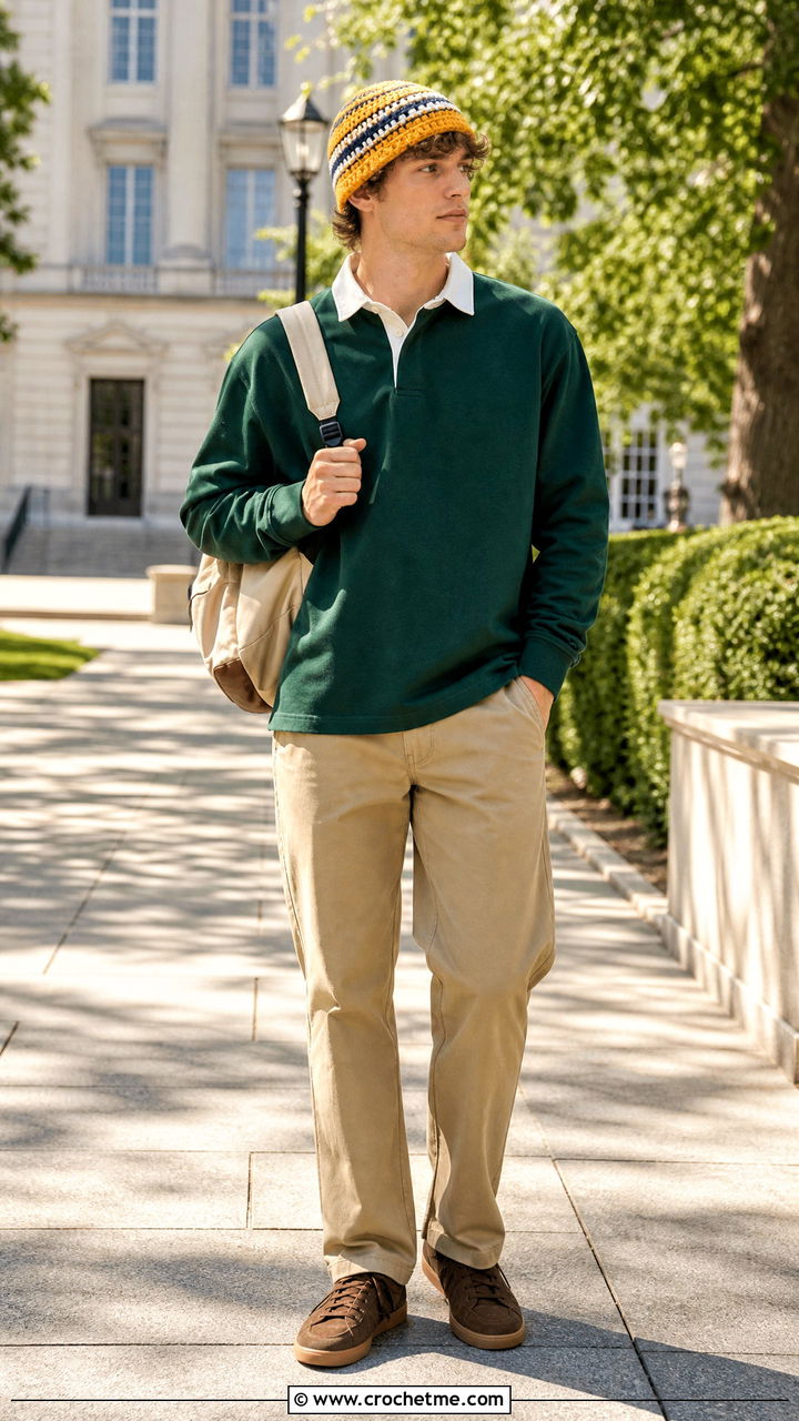 Striped Crochet Beanie With Rugby Shirt And Chinos - 35 crochet beanie for men outfit ideas