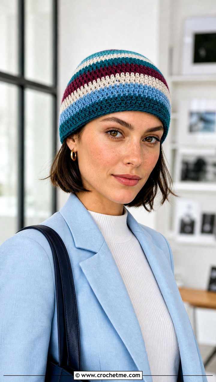 Striped Crochet Beanie With Tailored Suit - 15 multi color crochet hat outfit ideas
