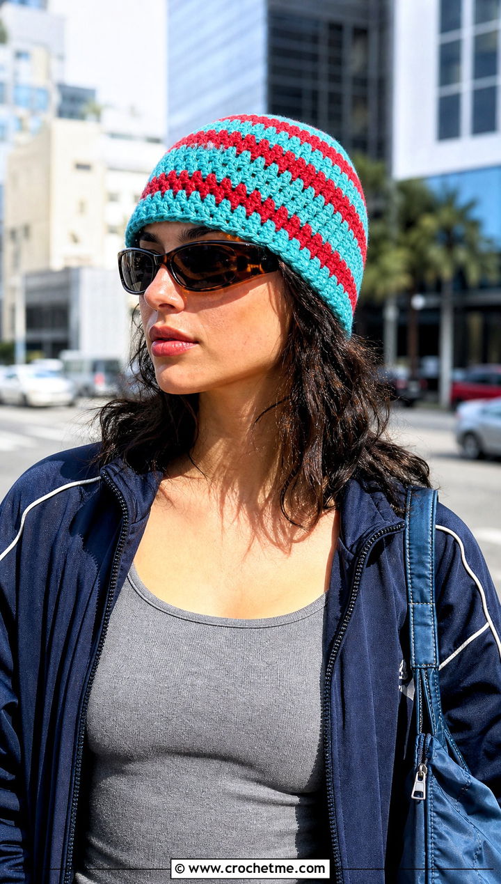 Striped Crochet Beanie With Track Jacket - 20 Fun Crochet Beanie outfit ideas