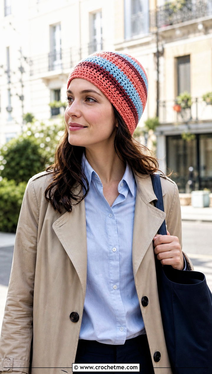 Striped Crochet Beanie With Trench Coat - 25 3 Weight Yarn Crochet Beanie outfit ideas