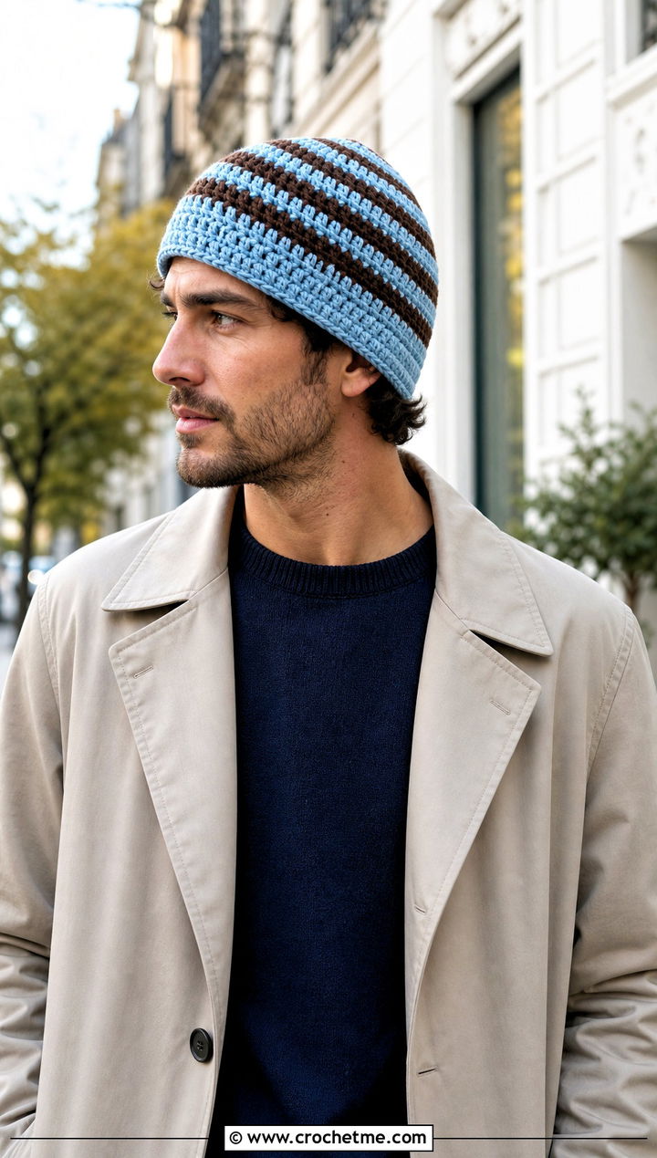 Striped Crochet Beanie With Trench Coat - 25 easy crochet beanie for men outfit ideas