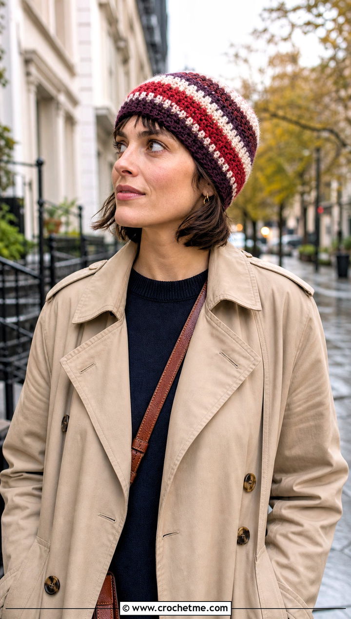 Striped Crochet Beanie With Trench Coat And Straight Jeans - 20 Boho Crochet Beanie outfit ideas