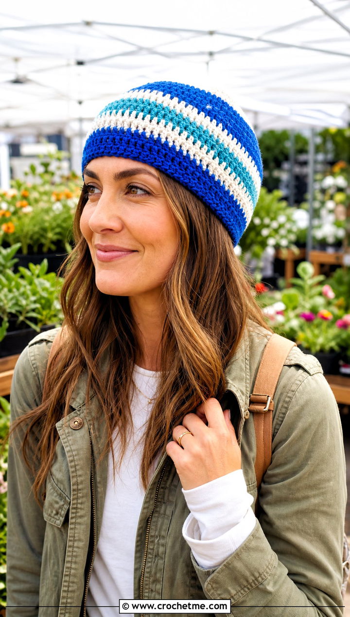 Striped Crochet Beanie With Utility Jacket - 30 Quick Crochet Beanie outfit ideas