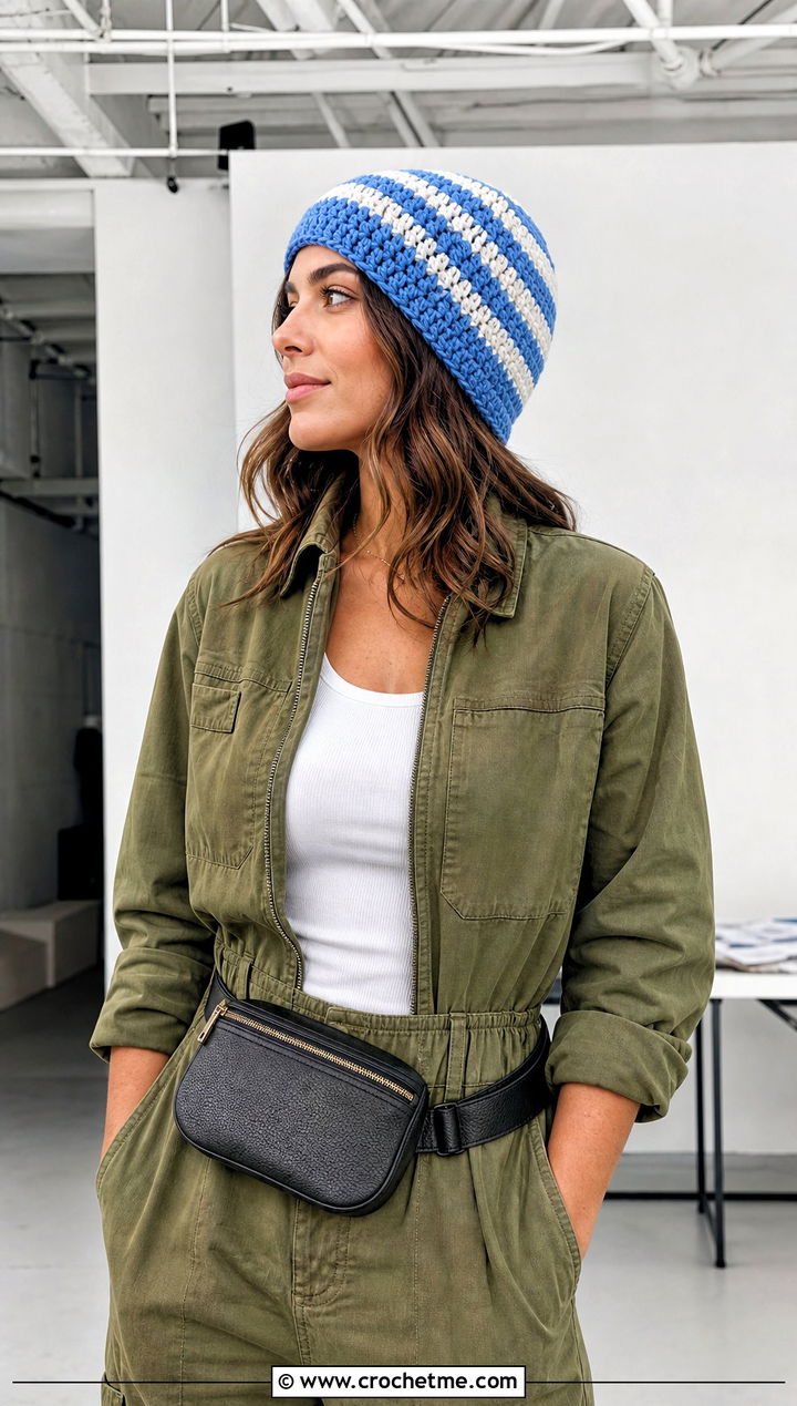 Striped Crochet Beanie With Utility Jumpsuit And Sneakers - 15 Crochet Beanie All Sizes outfit ideas