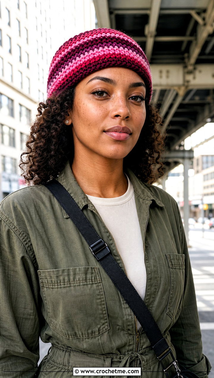 Striped Crochet Beanie With Utility Jumpsuit - 15 crochet beany hat outfit ideas