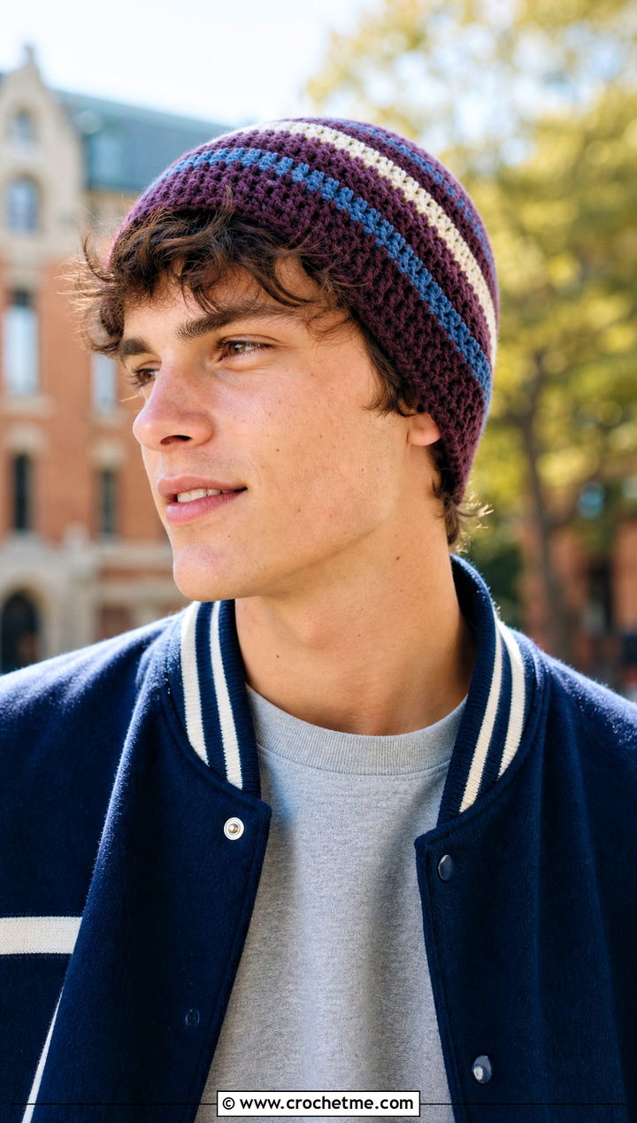 Striped Crochet Beanie With Varsity Jacket - 30 crochet man beanie outfit ideas
