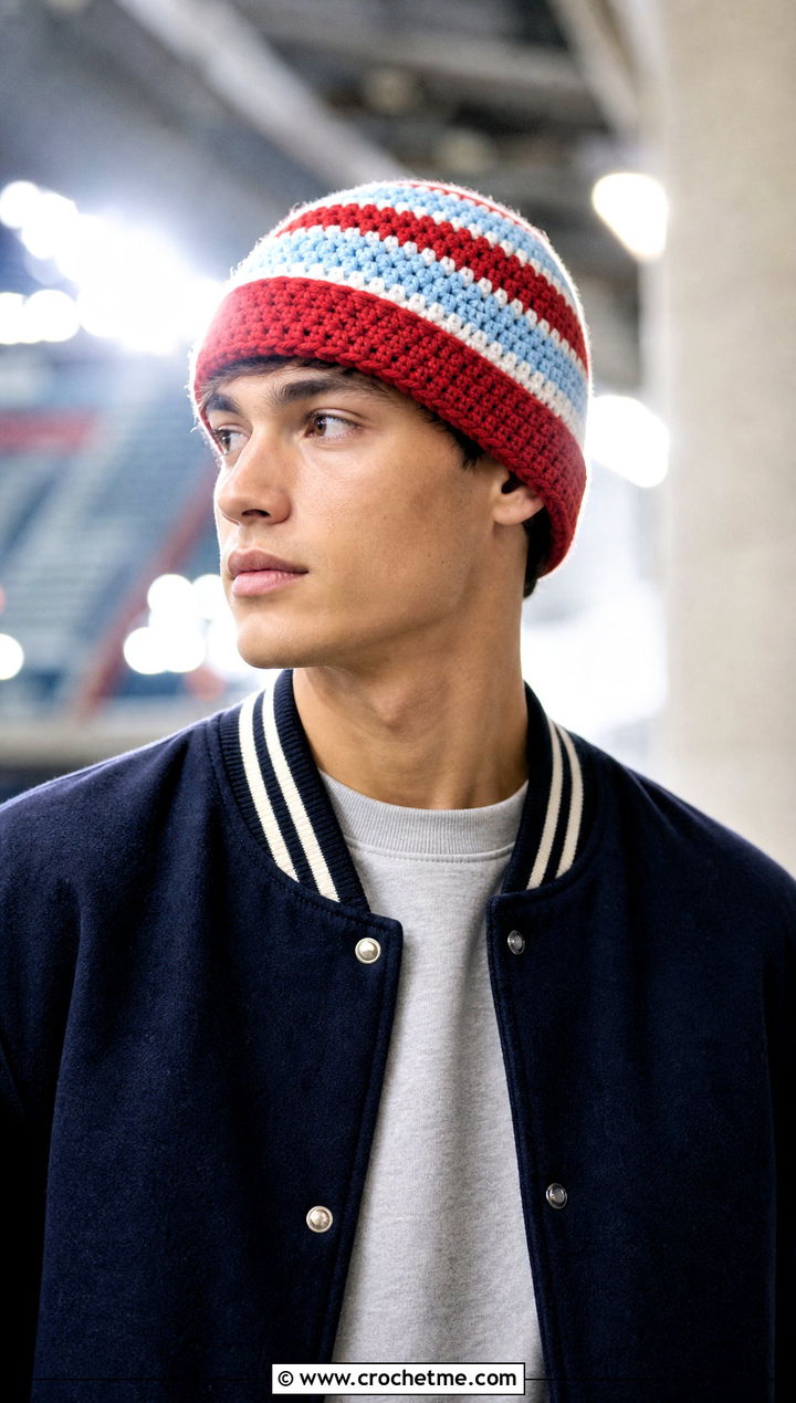 Striped Crochet Beanie With Varsity Jacket - 25 easy men's crochet beanie outfit ideas