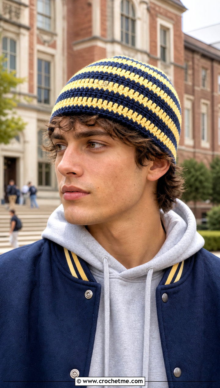 Striped Crochet Beanie With Varsity Jacket - 25 Easy Mens Crochet Beanie outfit ideas