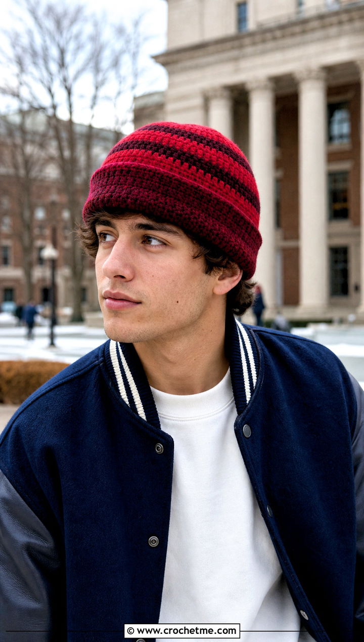 Striped Crochet Beanie With Varsity Jacket - 25 mens winter crochet hats outfit ideas