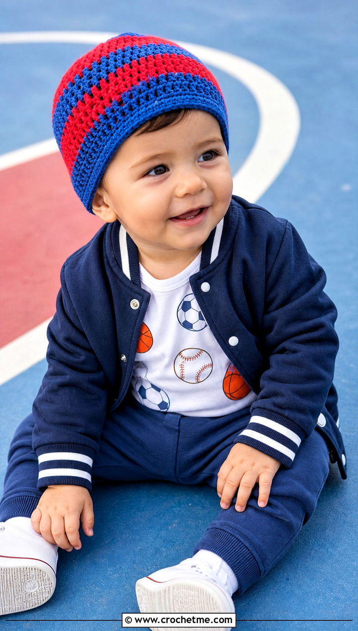 Striped Crochet Beanie With Varsity Jacket - 15 12 Month Crochet Hat outfit ideas
