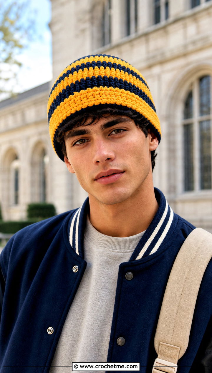 Striped Crochet Beanie With Varsity Jacket - 15 men's crochet beanies outfit ideas