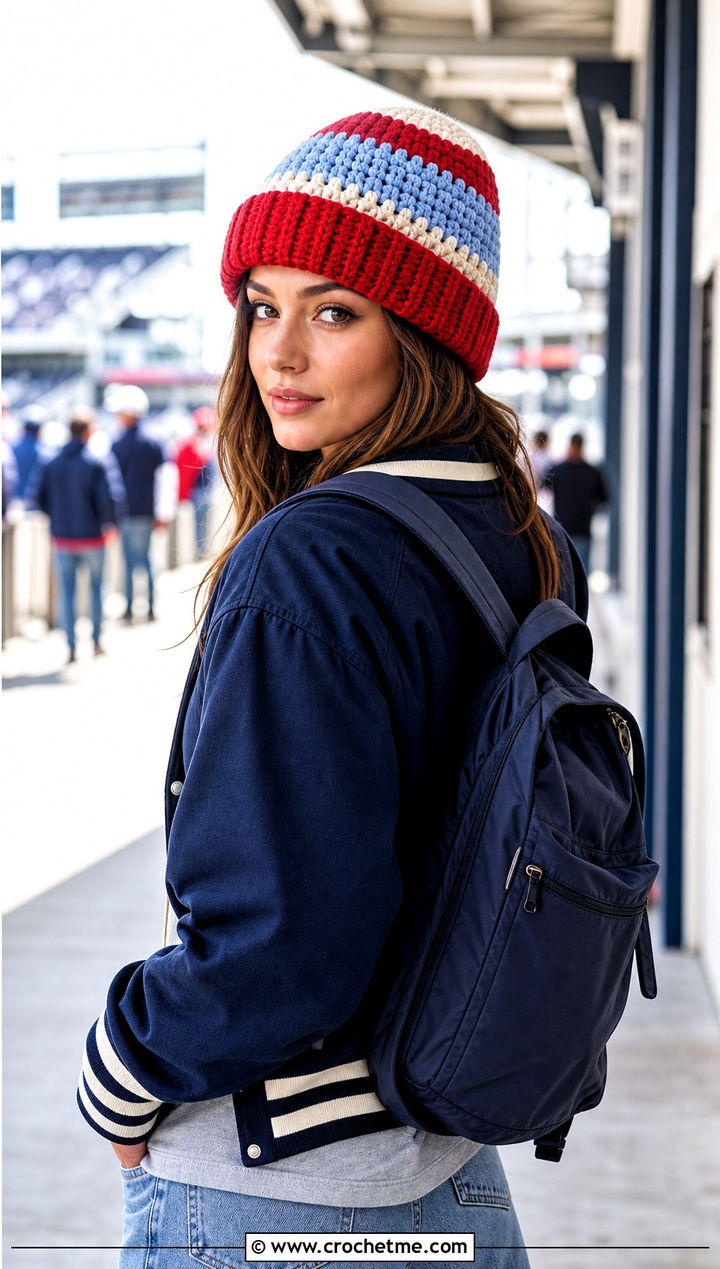 Striped Crochet Beanie With Varsity Jacket - 25 Worsted Weight Yarn Crochet Hat outfit ideas