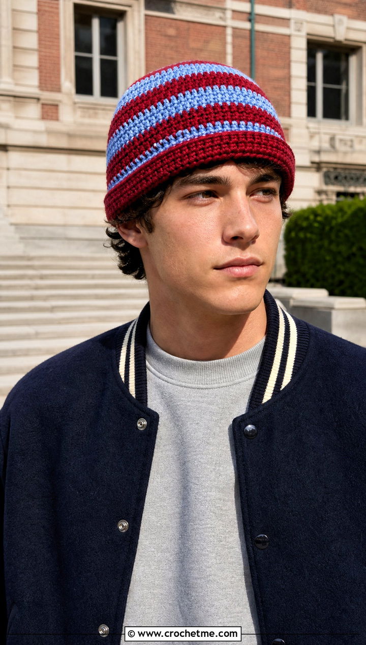 Striped Crochet Beanie With Varsity Jacket - 30 mens crochet hats men's beanie outfit ideas