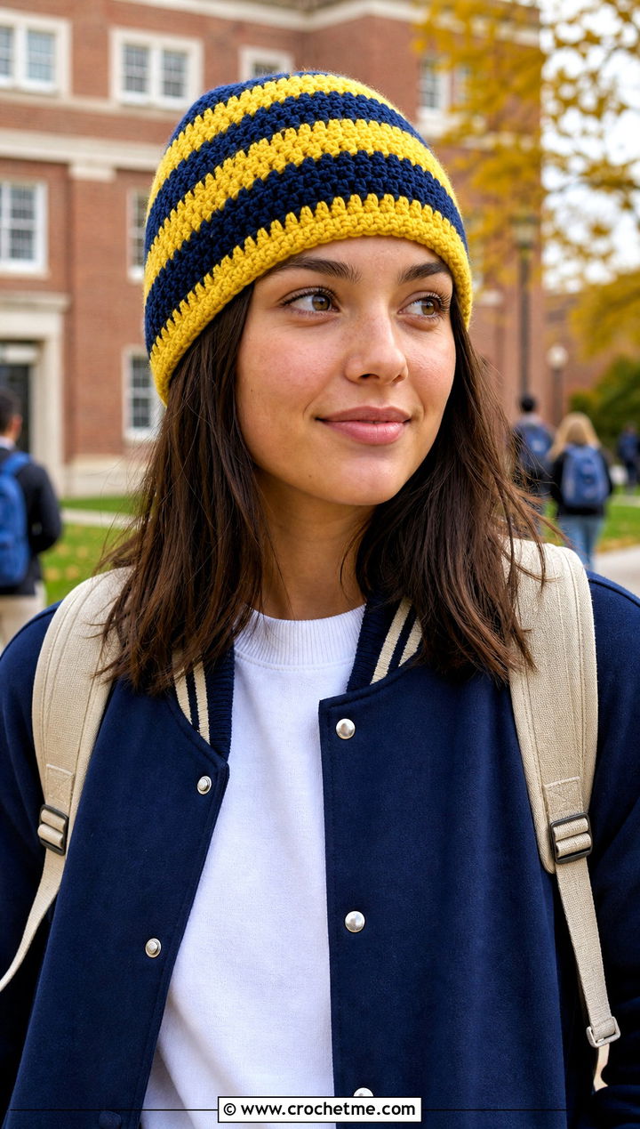 Striped Crochet Beanie With Varsity Jacket - 30 winter crochet hats outfit ideas
