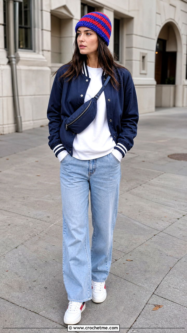 Striped Crochet Beanie With Varsity Jacket - 35 easy crochet beanie womens outfit ideas