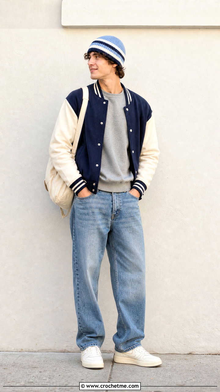 Striped Crochet Beanie With Varsity Jacket - 35 men's crochet beanie outfit ideas