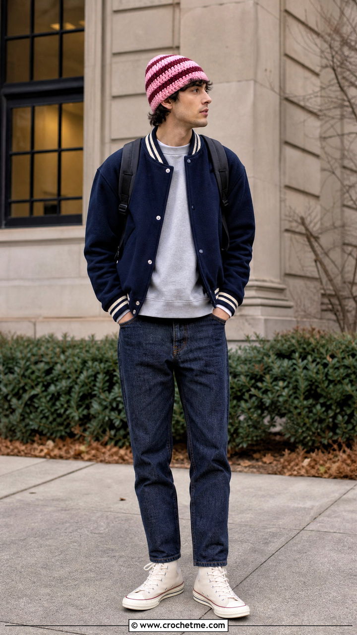 Striped Crochet Beanie With Varsity Jacket - 35 men's crochet hat outfit ideas