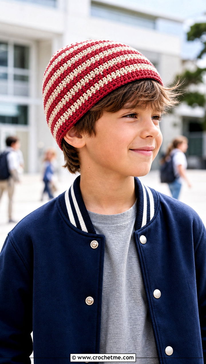 Striped Crochet Beanie With Varsity Jacket - 25 crochet childs hat outfit ideas